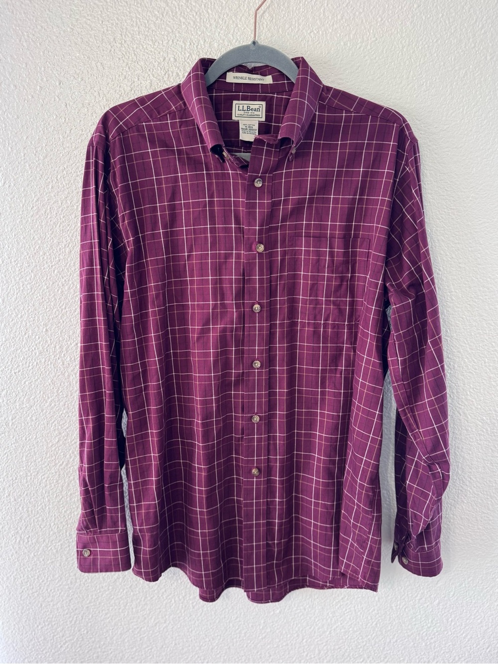 L.L. Bean Wrinkle Resistant Button Down Shirt Burgundy Windowpane Plaid Medium